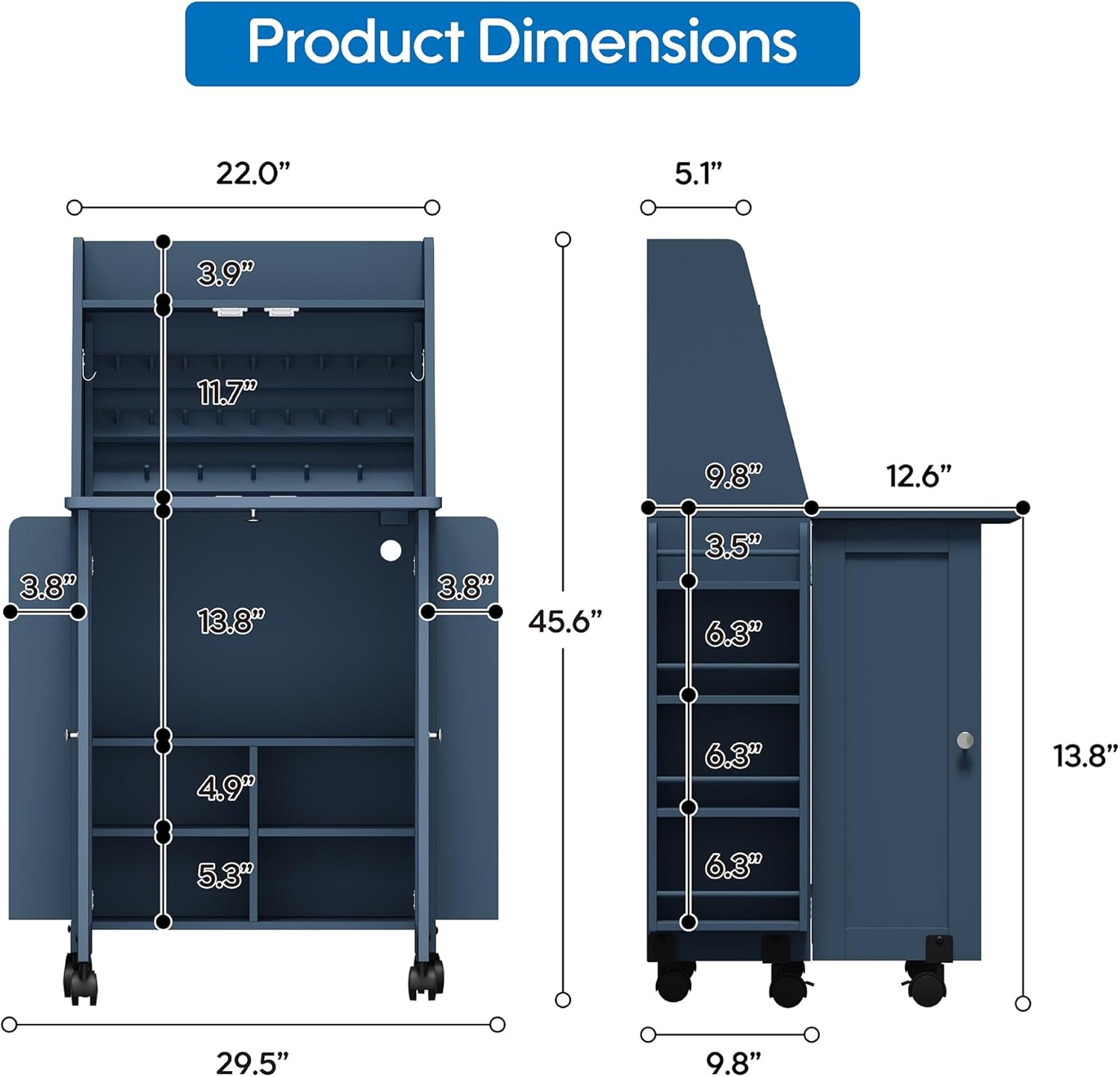 Folding Sewing Table with Storage, Sewing Machine Desk with Wheels & 2 Side Shelves, Built-in AC/USB Charging, Rolling Craft Table for Small Spaces, Easy Move Cabinet Workstation