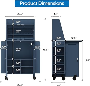 Folding Sewing Machine Table with Storage, Portable Sewing Desk with Thread Rack & Wheels & Built-in AC/USB Charging, Space-Saving Craft Storage Cabinet for Home, Apartment, and Art Studio (Blue)