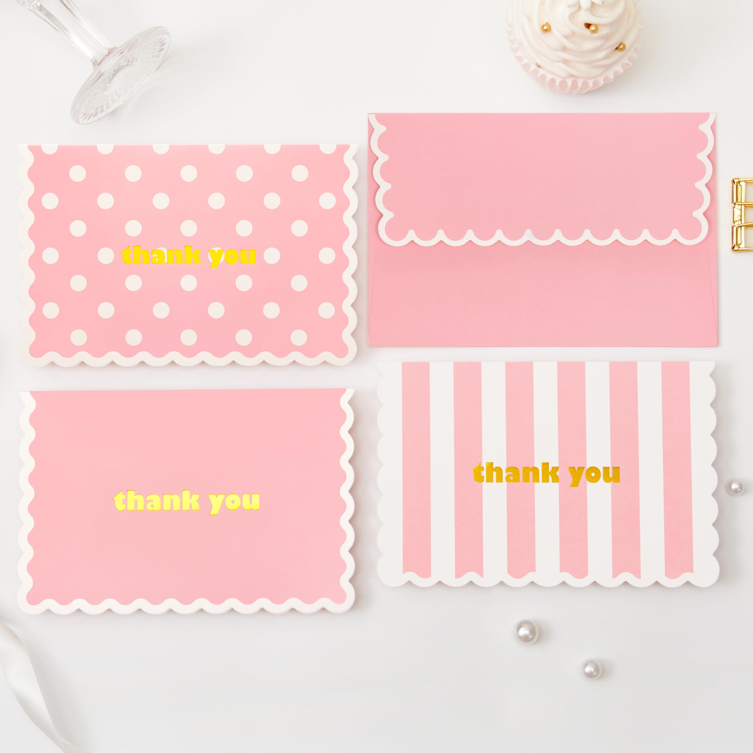 Crisky 3 Assortment Gold Foil Wavy Pink Thank You Cards with Envelopes (50 Pack) for Birthday, Baby Shower, Bridal Shower, Wedding, Graduation