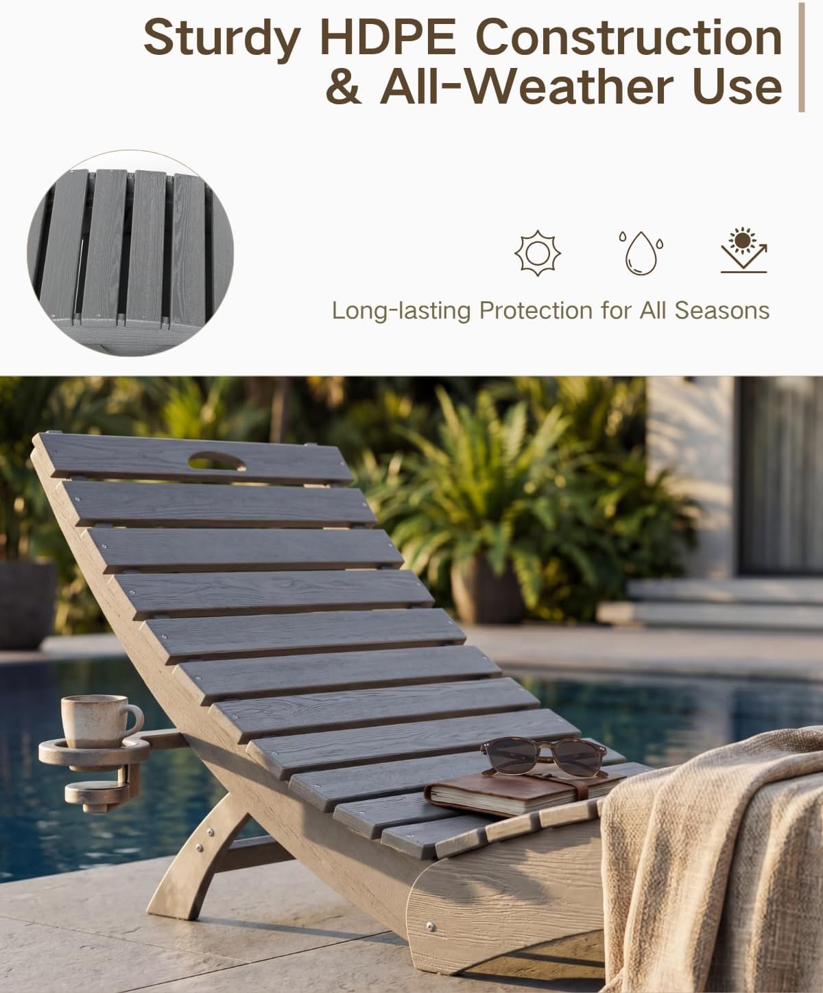 PLUUV HDPE Folding Pool Lounge Chair, Use in Pool Lounge Chair up to 8-Inches of Water, Pre-Assembled Anti-Floating Lounge Chair with Cup Holders, for Hotel, Resort, Poolside, Sun Decks -Gray