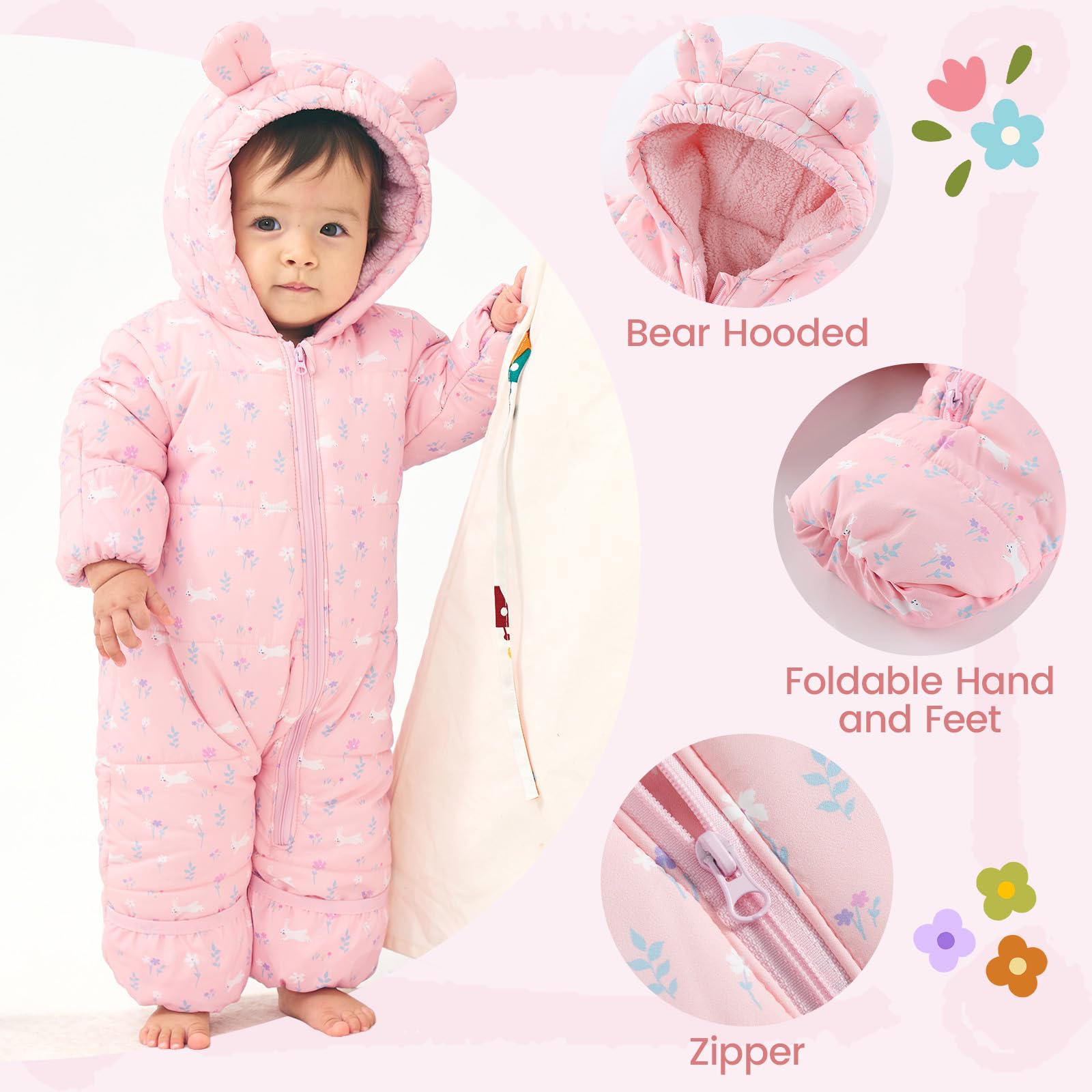 JiAmy Baby Winter Schneeanzug, Kleinkind Bär Kapuze Fold-Over Fäustlinge Füßlinge Overall Kleinkind Warm Fleece Strampler Mädchen Jungen Warm Jumpsuit 3-24 Monate