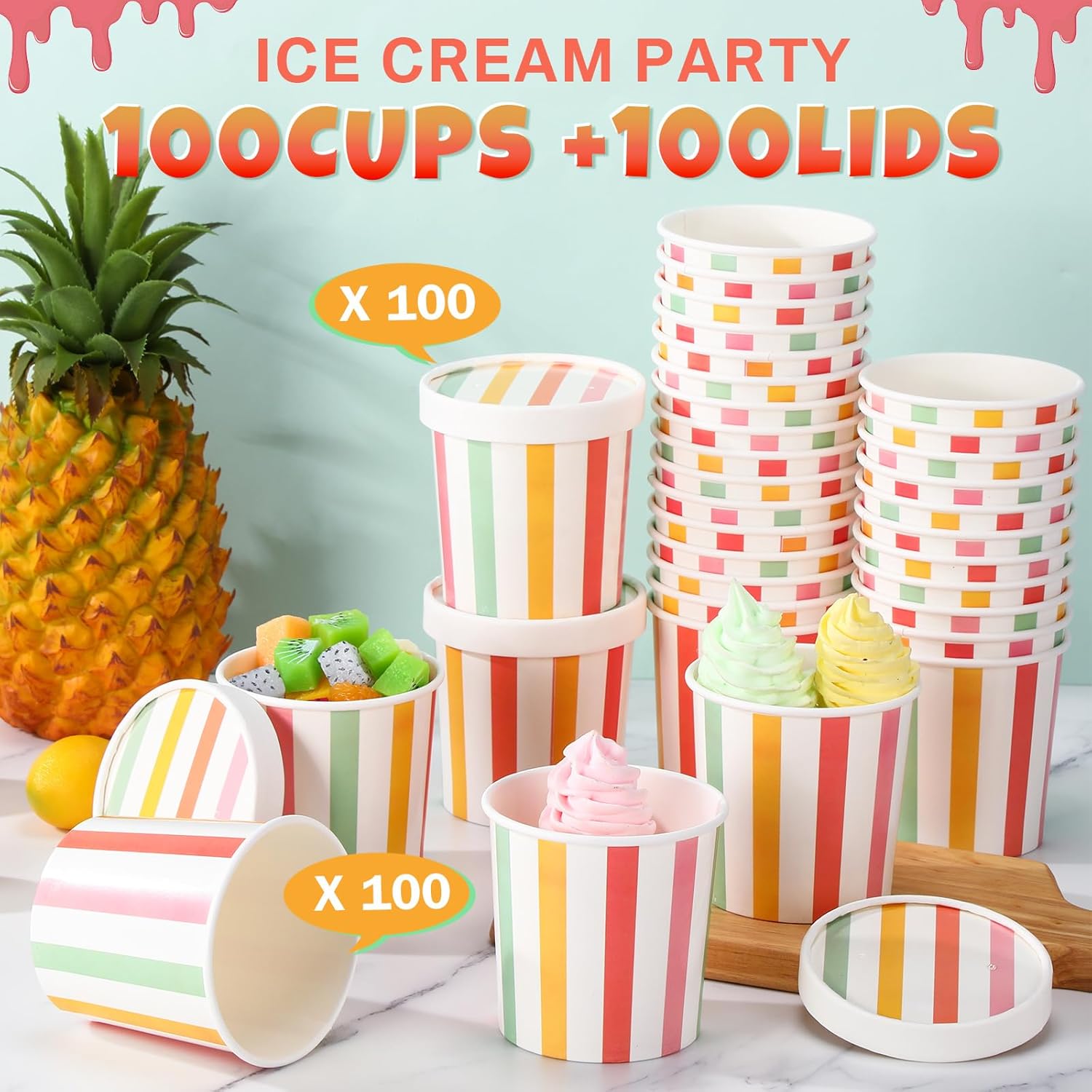 Irenare 100 Pcs 12 oz Ice Cream Paper Cups with Lids Disposable Dessert Bowls Hot Soup Containers Kraft Paper Food Containers for Easter Wedding Cold and Hot Foods Sundae Yogurt