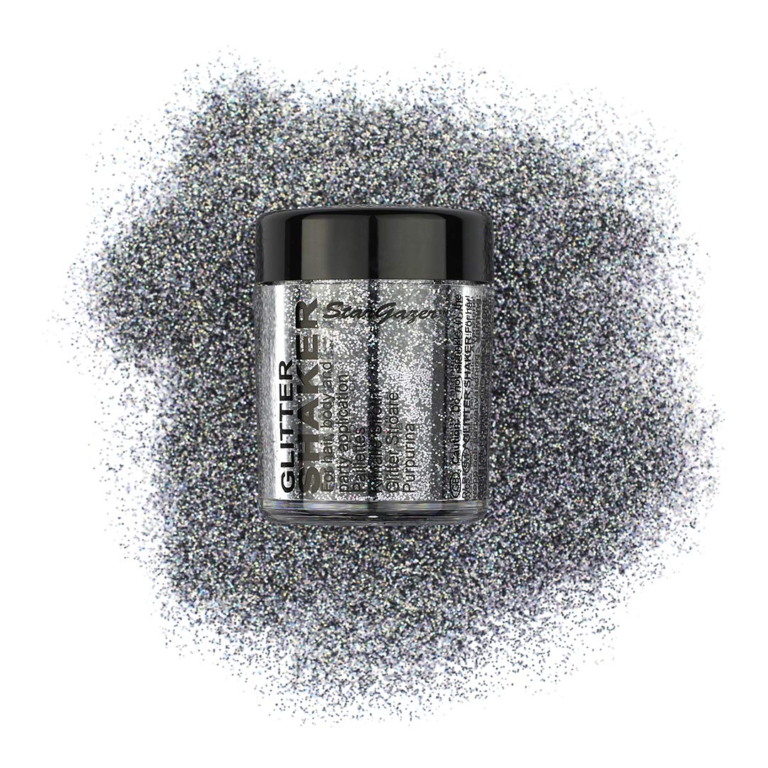 Stargazer Starlight Glitter Shaker, Rocket Silver. Cosmetic glitter powder for use on the eyes, lips, face, body, hair and nails.