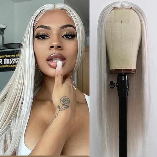 HILYN Peluca gris larga y natural recta, con encaje pequeño, sin pegamento, peluca sintética larga plateada colorida para mujeres, uso diario,