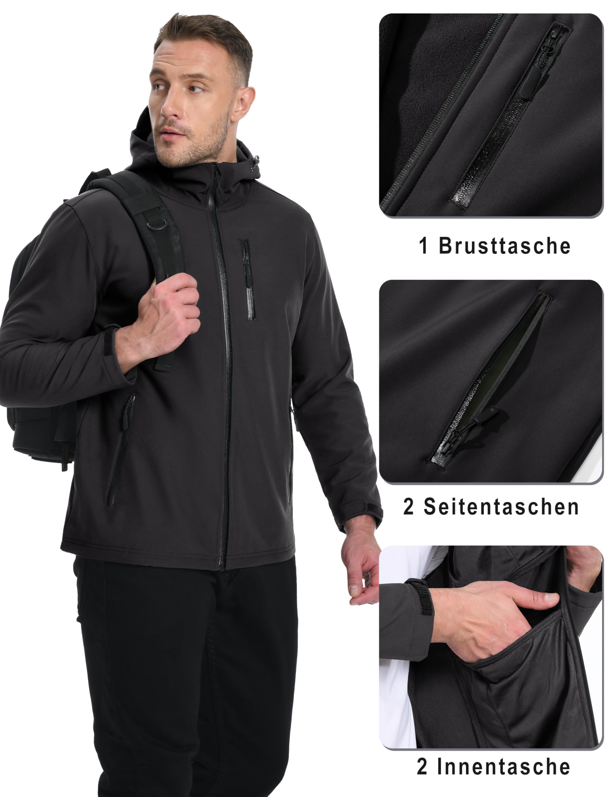 TACVASEN Veste softshell imperméable pour homme - Veste d'extérieur doublée en polaire - Veste de randonnée coupe-vent respirante - Avec capuche - Pour le travail, le vélo