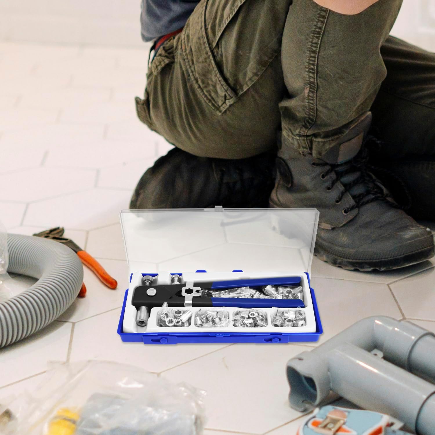 QWORK Rivet Nut Tool Kit, 110pcs Blind Rivet Nut Hand Riveter, M6/ M3/M4/M5/M8 Wrench Threaded Insert Rivnut Nutsert