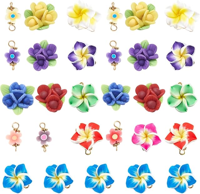 SUNNYCLUE 1 Box 60Pcs 3 Styles Flower Connector Charm Colorful Rose Links Floral Polymer Clay Beads Connectors Gold Plated for Jewelry Making Charms DIY Bracelets Findings, Mixed Colors