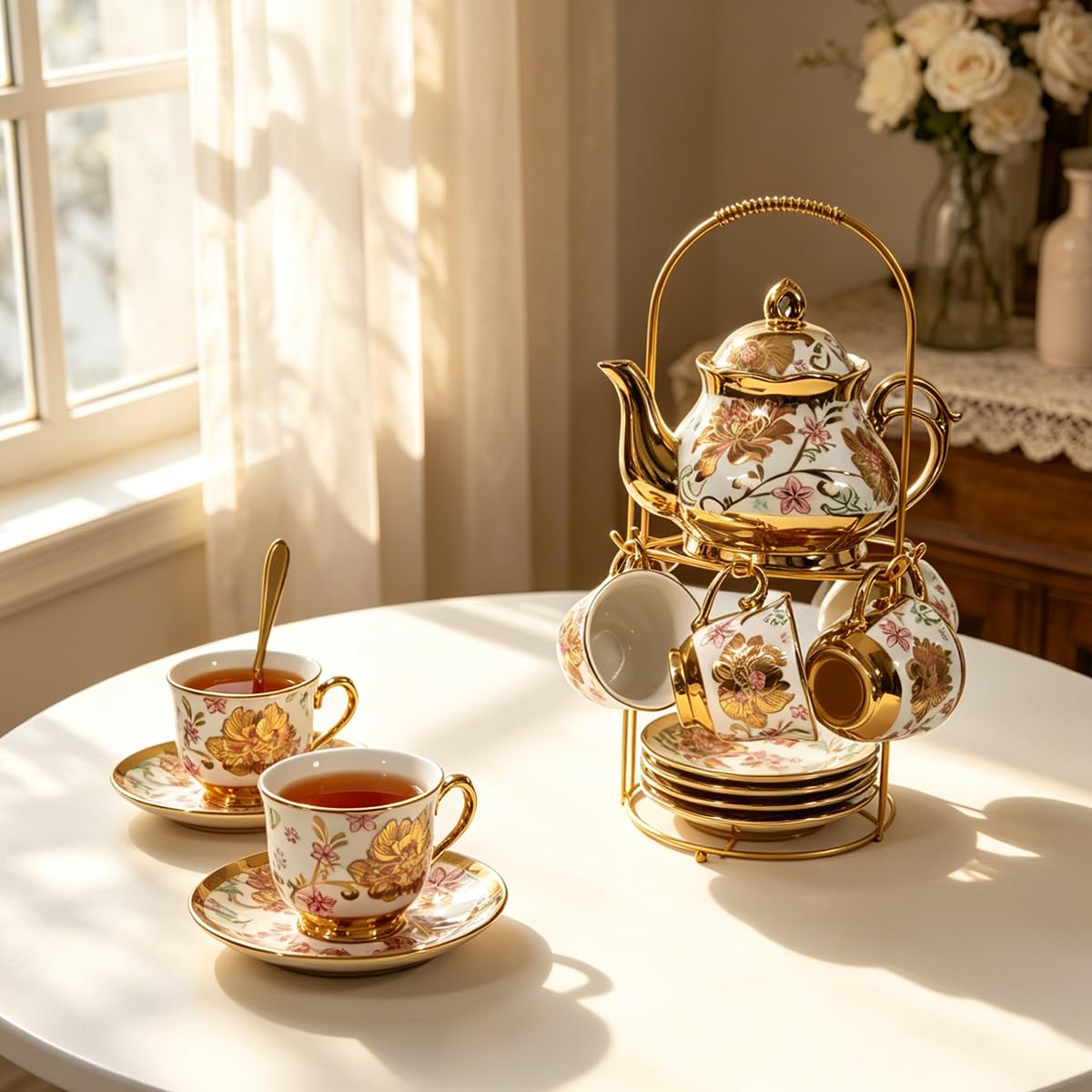 Service à thé en céramique rose rouge plaqué or, service à thé vintage avec théière, beau service à thé servant 6 personnes (pink, Medium)