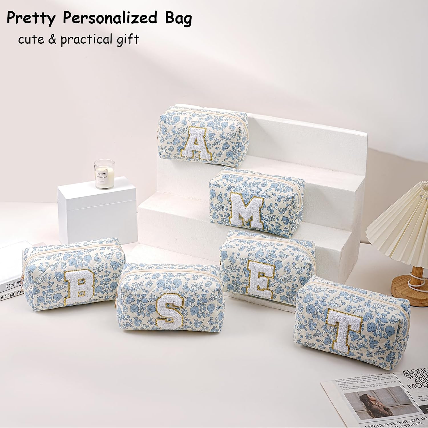 Gleyemor Personalized Initial Makeup Bag for Women, Cute Quilted Blue Floral Cotton Cosmetic Bag, Christmas Gifts for Her Mom Friend Sister Bridesmaid Teacher Women Z image 5