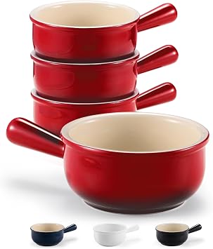KooK French Onion Soup Bowls, French Onion Crocks, Bowl with Handles, 15 oz, Set of 4, Ceramic Bowls, Microwave, Dishwasher Safe & Oven safe, Stoneware (Red Ombre)