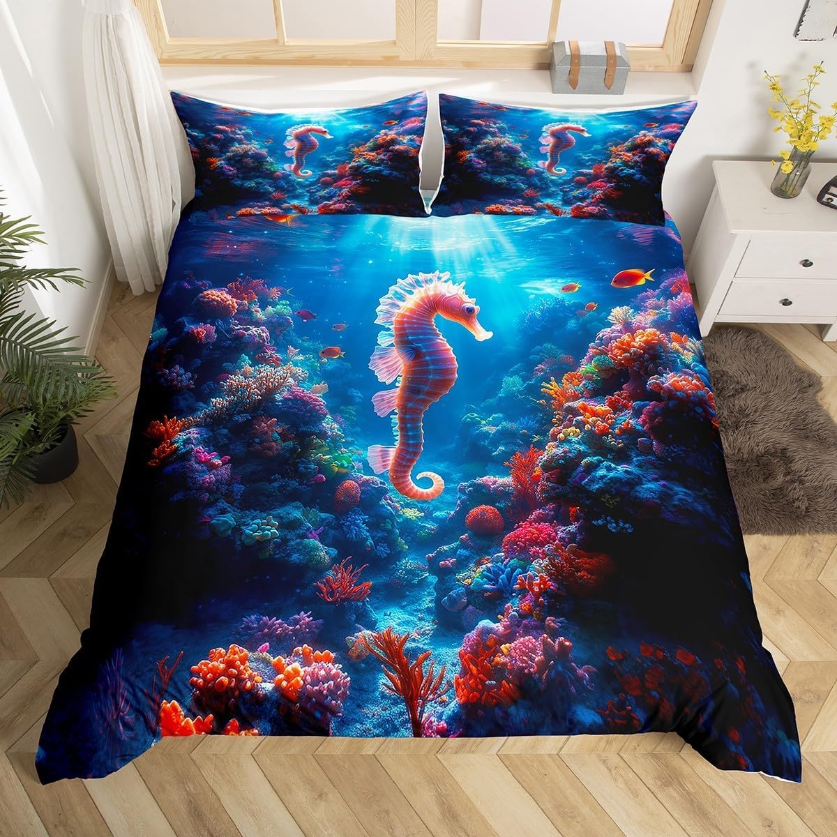 Parure de lit 200x200 hippocampe en microfibre pour une chambre d'adulte esprit marin