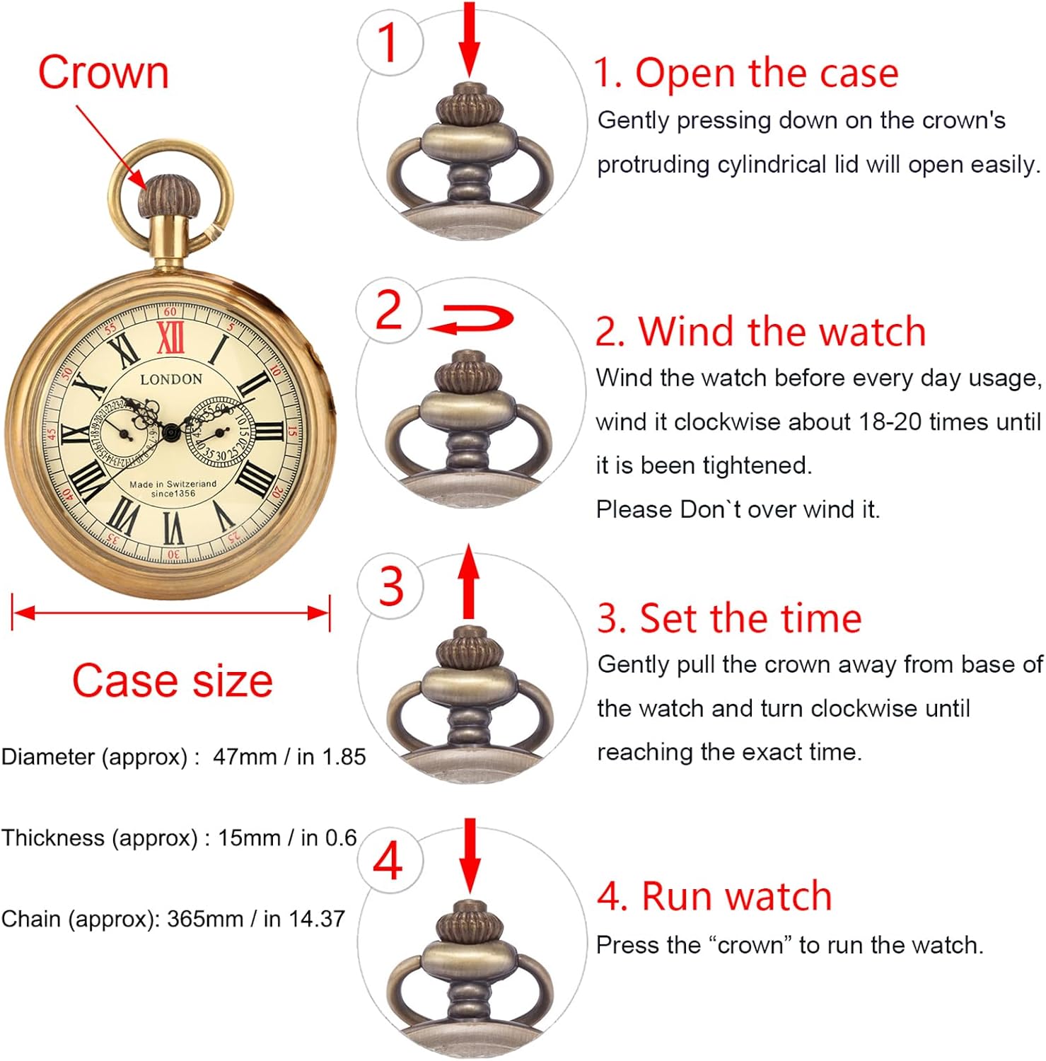 Carrie Hughes Mens Vintage Railroad Mechanical Pocket Watch Full Copper Case Roman Numeral dial with Chain and Box CHPW6G