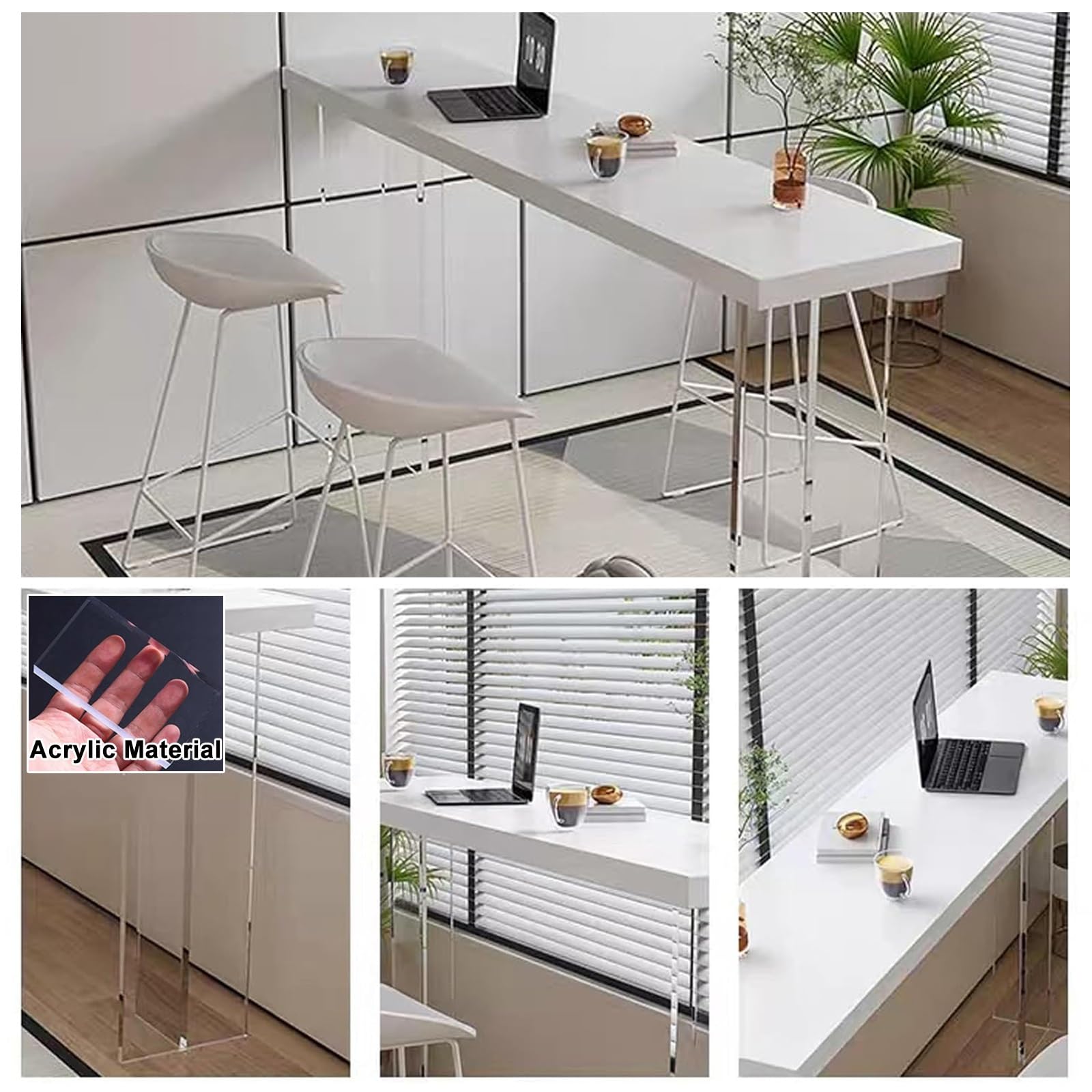 Tavolo da bar lungo industriale, in legno massello, 180 cm, con base in acrilico temperato, per bistrot, bar e casa, design stretto, finitura bianca