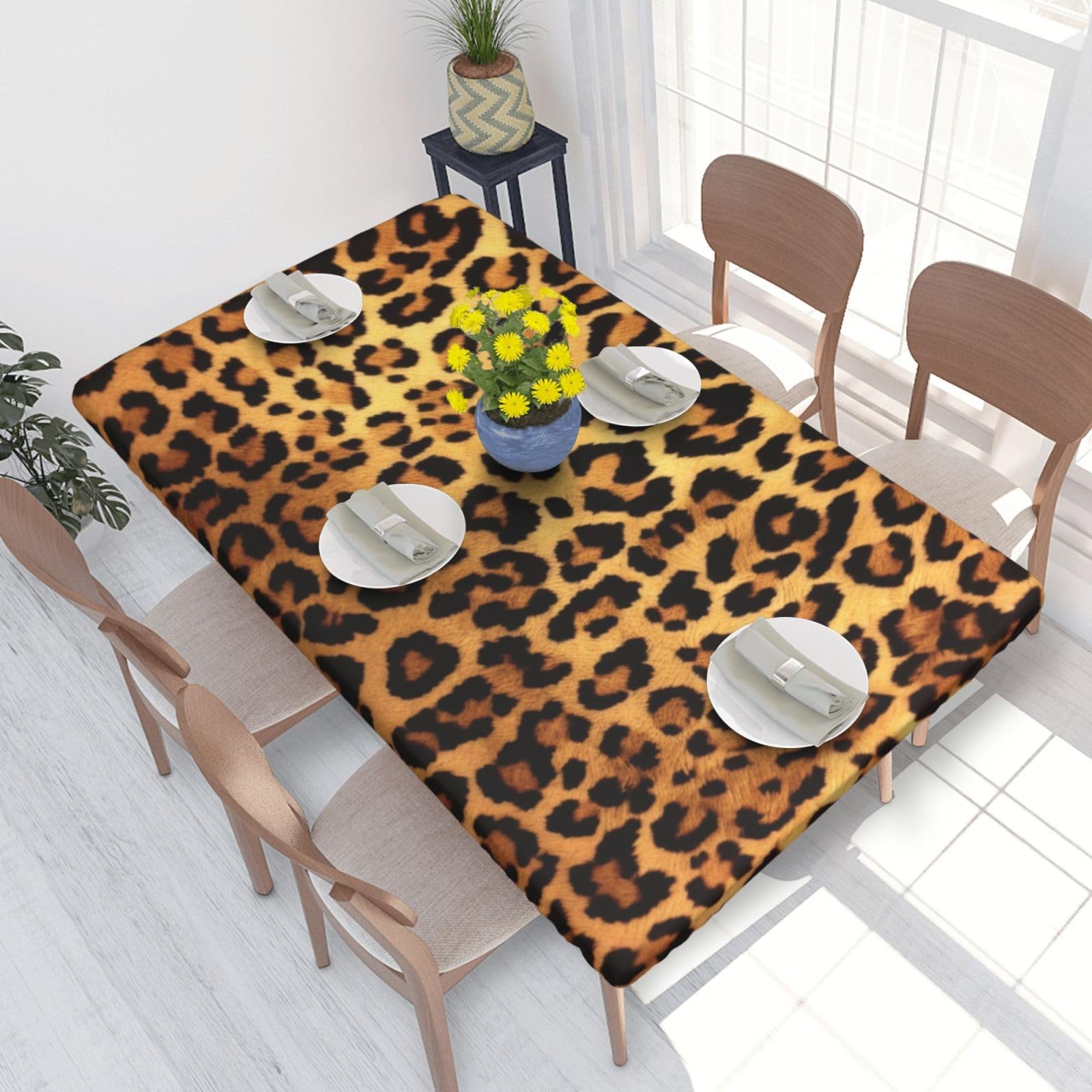 DCARSETCV Leopard Print Printed 4FT Waterproof Tablecloth with Elastic Edged Protect & Decor Your Table, Oil-proof Washable Table Cloth Cover for Dinner Picnic Party