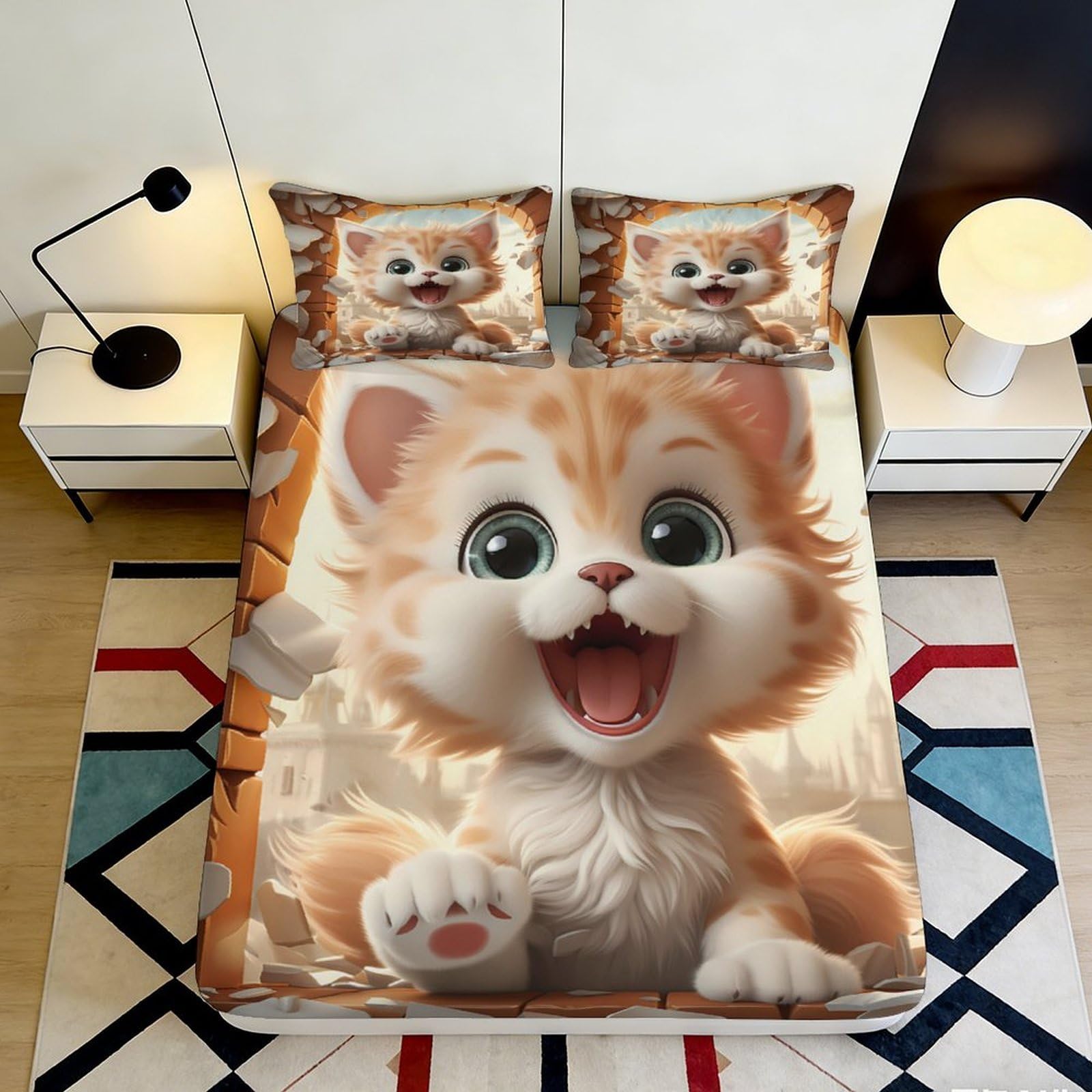 3D Printed Orange Tabby Cat Fitted Sheet Microfiber Soft Slip-Resistant Cartoon Kitten Mattress Cover Bedroom Decor 90x200x25cm