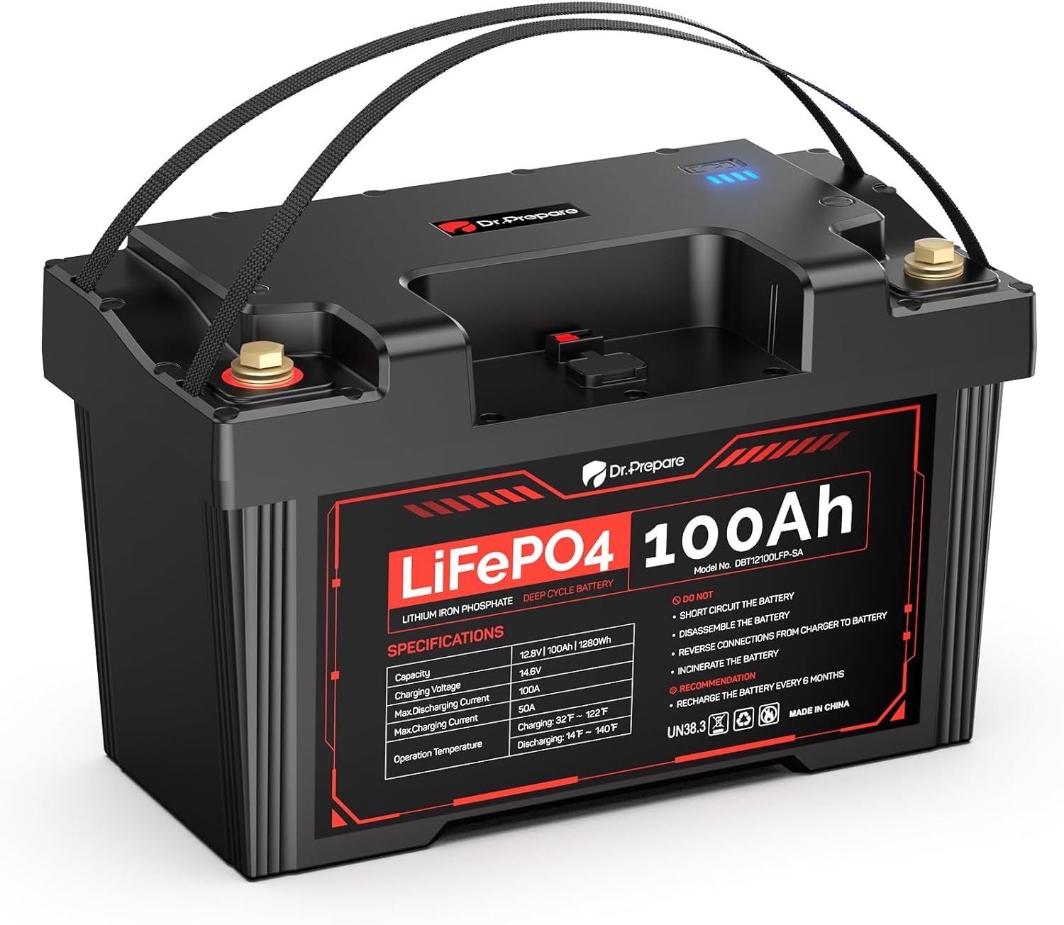DR.PREPARE 12V 100Ah LiFePO4 Battery, Low-Temp/High-Temp Protection Lithium Deep Cycle Battery for Trolling Motor, RV, Solar Power, Off-Grid, Energy Storage