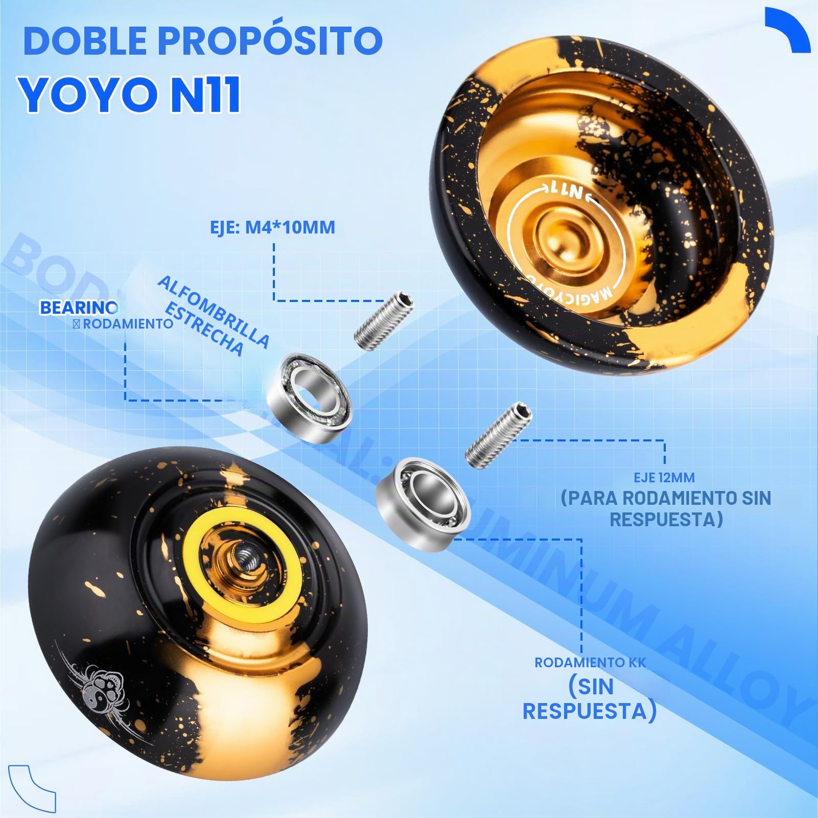 Magicyoyo JoJo N11 Plus profesional reactivo para niños – Yo de metal de doble uso con modo no reactivo + juego de rodamientos + 12 cuerdas + bolsa (negro dorado)