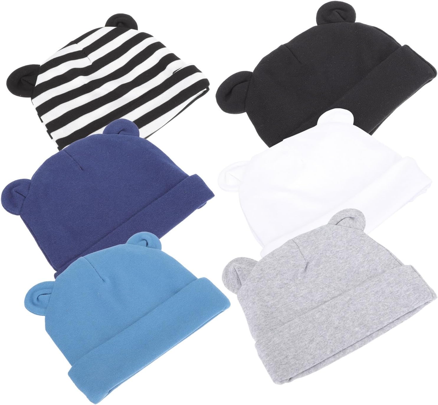 6pcs Newborn Cotton Hats Boy Girl Caps Bear Ear Headwear Soft Lightweight Caps for Ages 0-1 Year