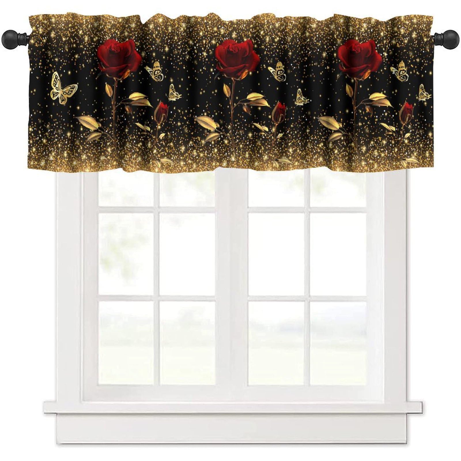 moderw Gold Rose Window Valance Curtain Gold Stars Sparks Butterfly Romantic Rose Flower Window Treatment Valance for Farmhouse Kitchen Bedroom Living Room 54x18inch