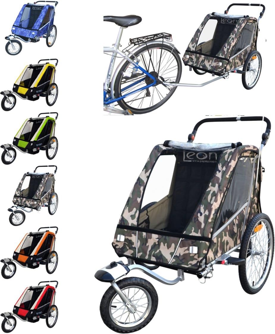 LEON Bike trailer & stroller for 1 or 2 childrens kids baby buggy jogger (Camouflage)