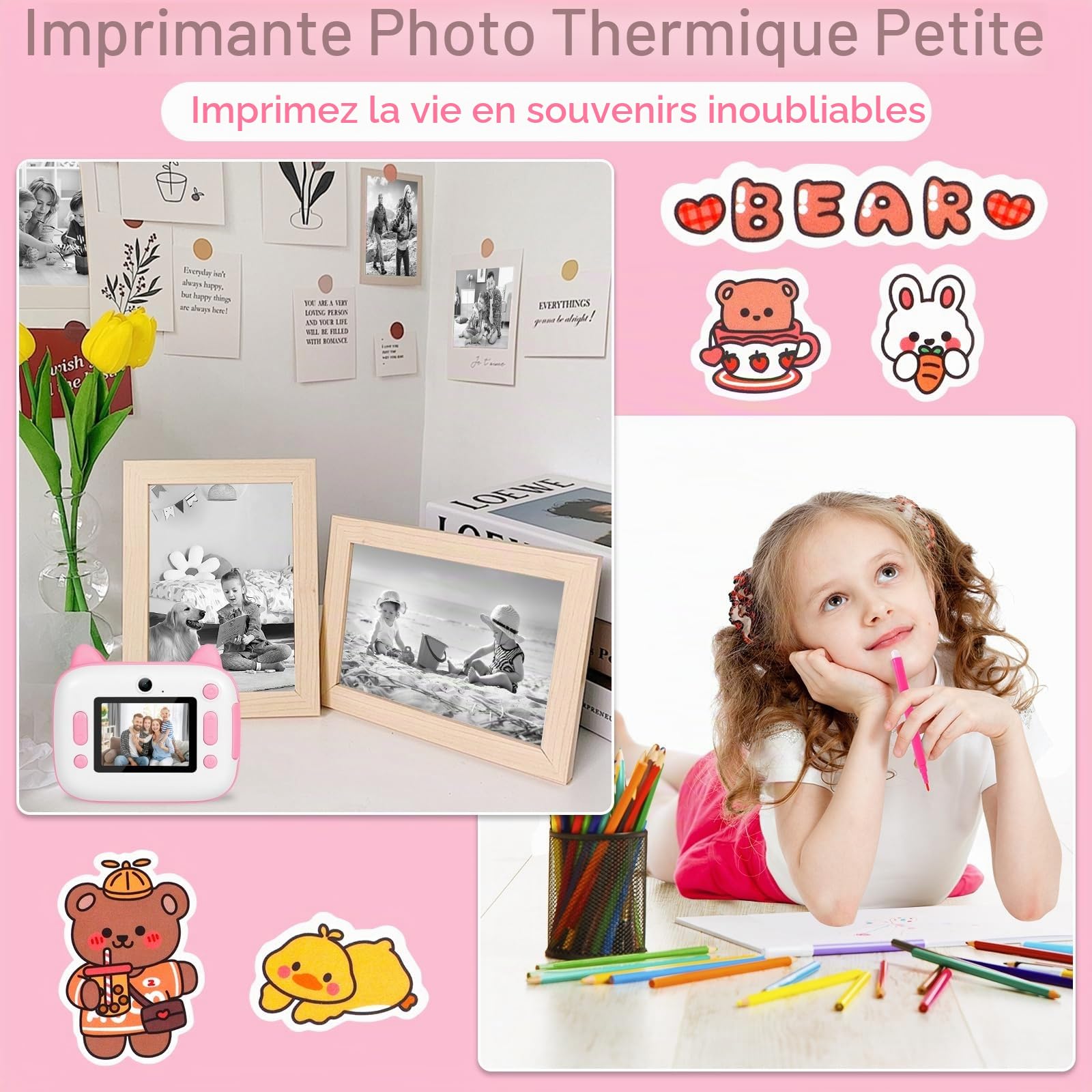 Appareil Photo Instantané, 2.4" Écran Appareil Photo Enfant avec Papier d'impression et Carte 32GB, Mode Selfie et Video, Cadeau Jouet pour Enfant Garçons Filles de 3-14 Ans