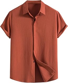 Camisa de lino para hombre, corte ajustado, camisa de manga corta, sin aros, solapa con botones, camisa de tiempo libre, ligera, transpirable, transpirable, camisa de playa, sin arrugas,