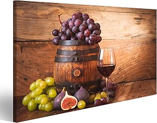 islandburner Quadro Moderno Fico con Vino Rosso, UVA e Botte su Legno tabel Rustico Stampa su Tela - Quadri Moderni x poltrone Salotto Cucina mobili Ufficio casa - Fotografica Formato XXL GVL