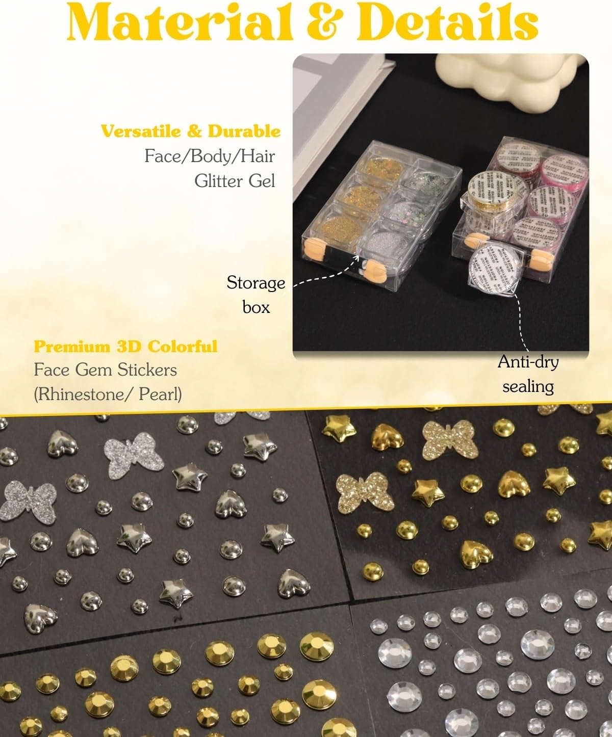 6+4 Gold Silver Face Gems Body Glitter Set: Sparkly Face Hair Glitter Gel & Self Adhesive Butterfly Heart Stars Stickers for Women Disco 50th Birthday Easter Party Makeup Accessories (Gold,Silver) image 5