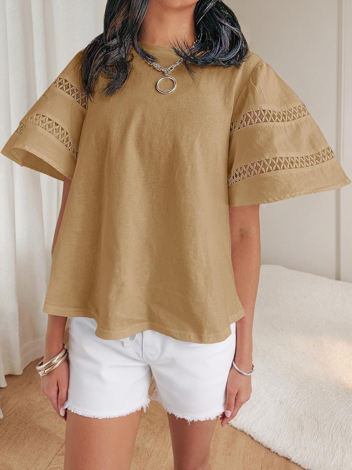 Tankaneo Womens Eyelet Short Sleeve Tops Trendy Casual Loose Fit Tunics Crewneck Summer T Shirts - Image 7