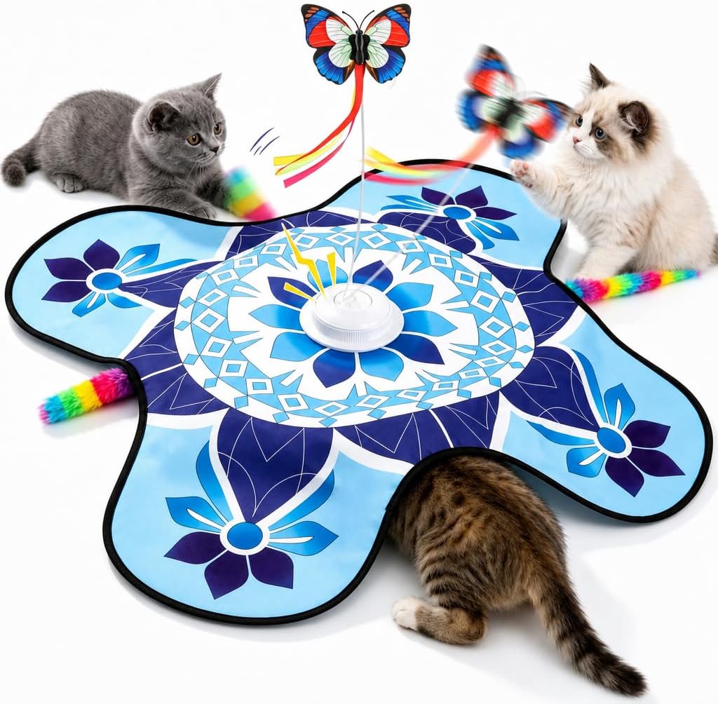 Wortade 3in1 Interactive Hide-and-Seek Cat Toy, Rotating, Blue | Moving Concealed Wand Feather,Automatic Fluttering Butterfly,Cat Stimulation,Touch Activated,Mouse Squeaky,1800mAh Battery