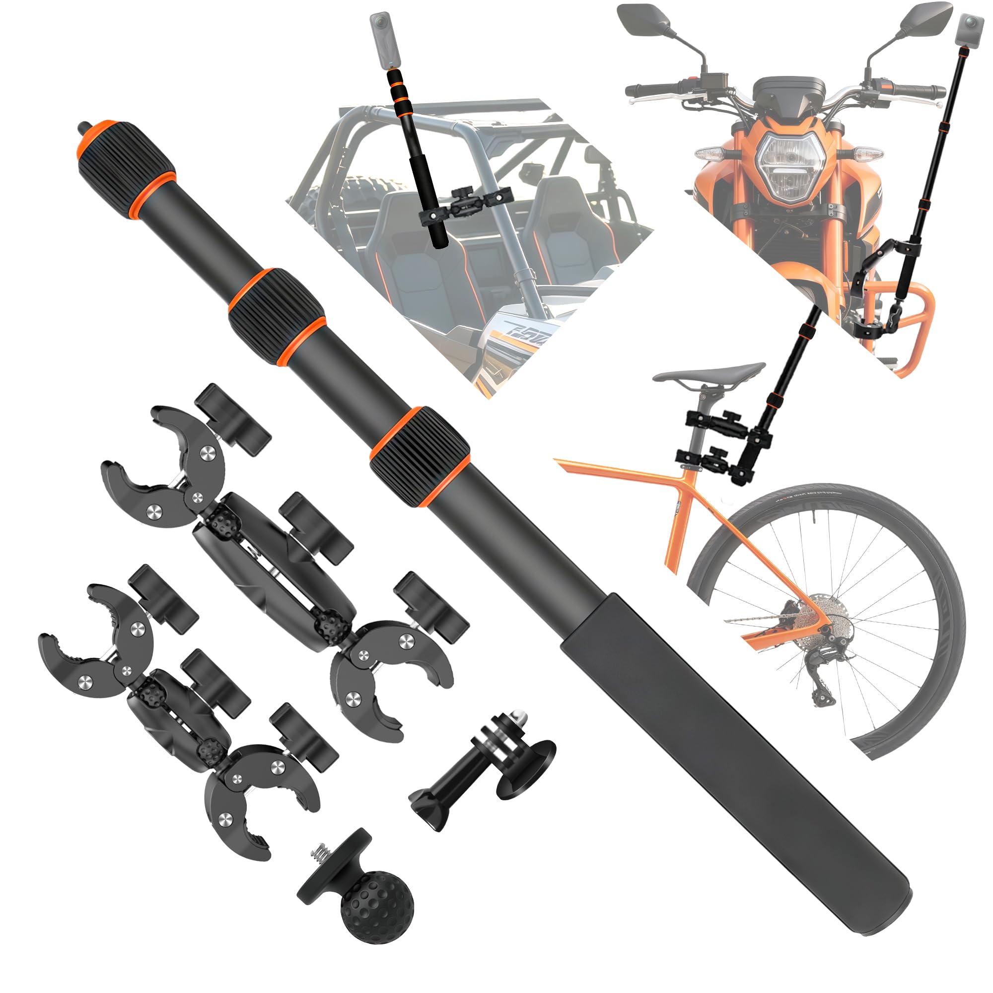 Motorrad-Kamera Halterung Set mit 43" Unsichtbarem Selfie Stick kompatibel mit Insta360 X5-X, Robuste Lenker Klemme kompatibel für GoPro 13-3, Osmo 360 Nano, Fahrrad ATV UTV Fahrten (Orange-Rot)
