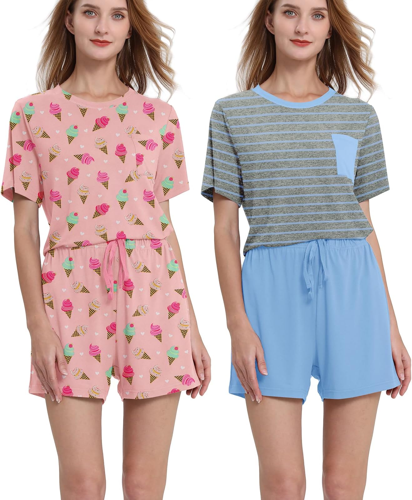 CONOMAX 2 Pack: Women's Pajama Set short Sleeve Top With Pants Soft Summer Loungewear Sleepwear Pajamas