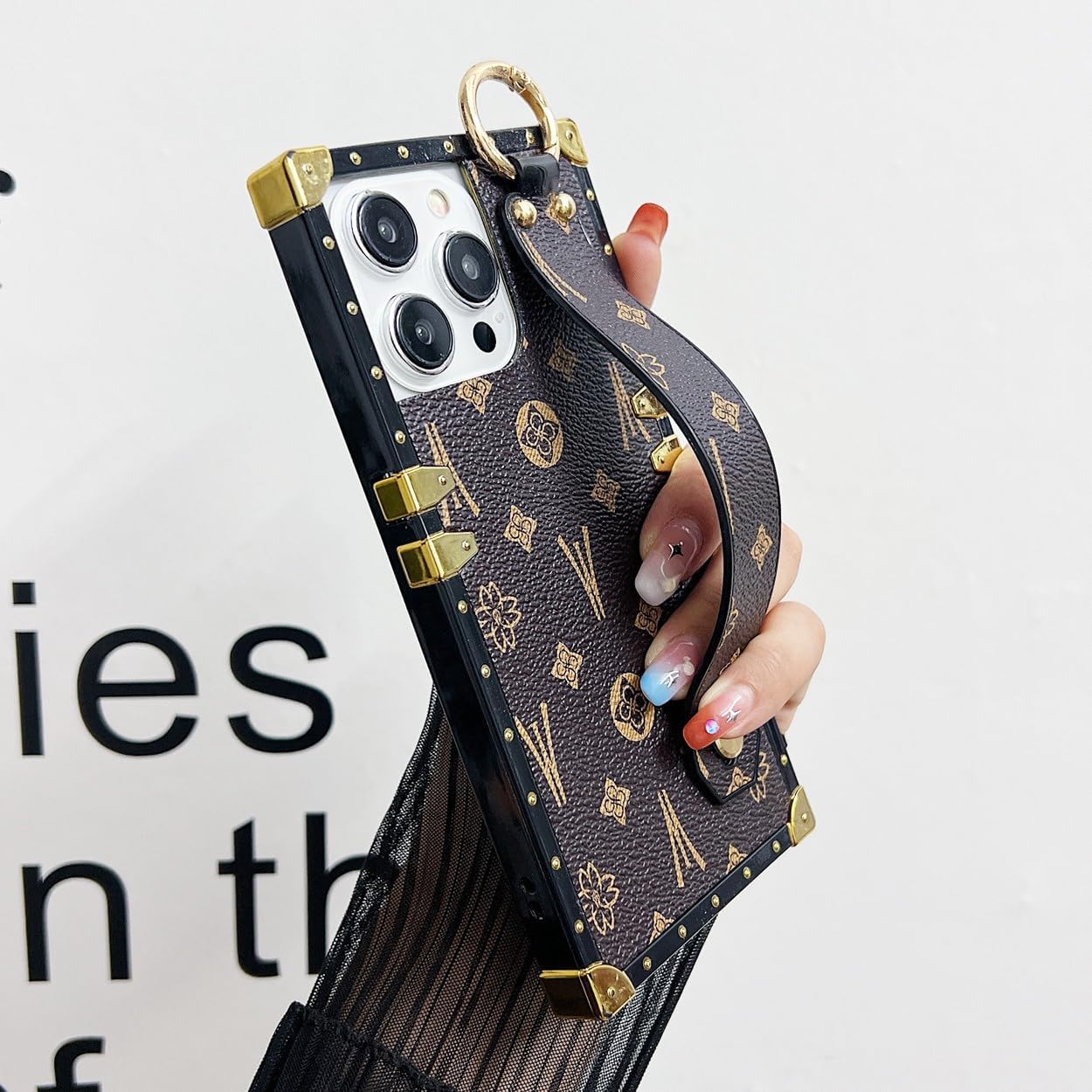 Compatible with iPhone 15 Pro Max Case Luxury Designer for Women Girls,Rectangle Leather with Wristband Strap Kickstand Holder Protective Phone Cover for 15 Pro Max - 6.7”(Brown) - Image 5