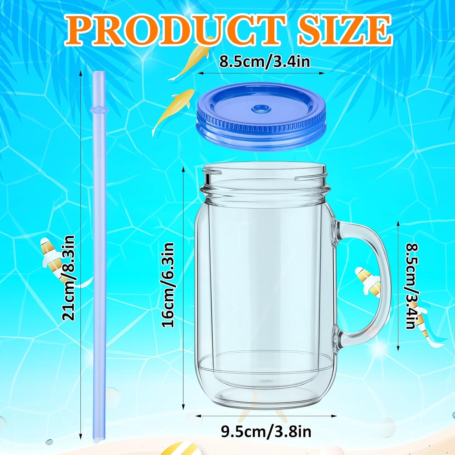 suclain 10 pack plastic mason jars with handles, lids and straws mouth mason jar mugs 20 oz double insulated tumbler with straw large clear plastic mug for adults(fresh color)