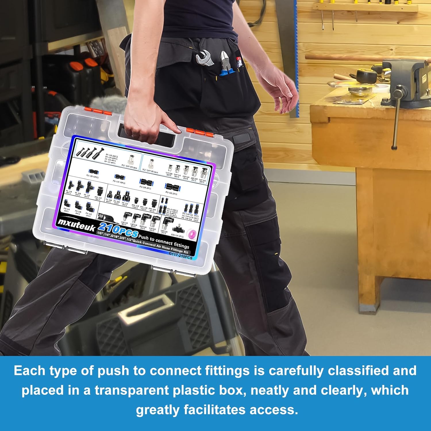 mxuteuk 210PCS Air Line Quick Connect Fittings,1/8",1/4",5/16",3/8",1/2",4/6/8/10mm OD Push to Connect Fittings,Quick Connect Air Hose Fitting,Quick Release Pneumatic Kit