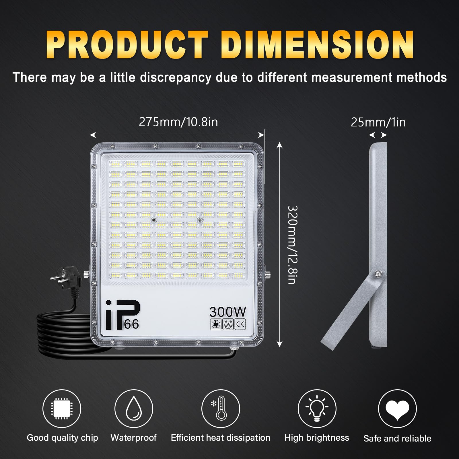 RIGIDON 1x 300W led strahler außen mit stecker, 30000lm außenstrahler, IP66 | wasserdicht, 1,5 meter kabel, 6000K kaltweiß, led fluter scheinwerfer flutlicht, für garten innenhöfe garage terrassen hof