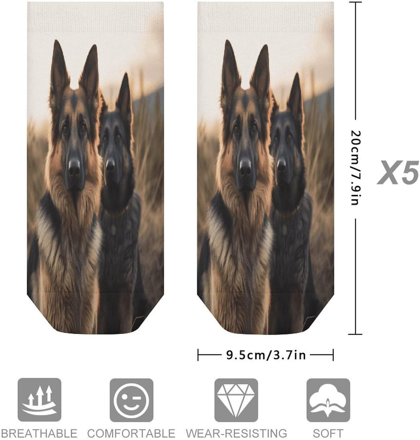 Socks for Men Women 5 Pairs Short Ankle Socks | Animal German Shepherd Low Cut Casual Crew Sock Cute Breathable Athletic Socks Non Slip No Show Sock