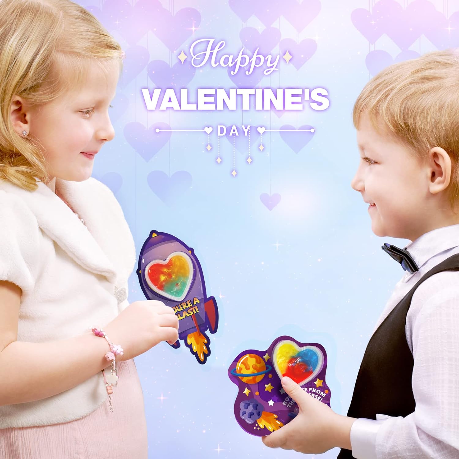 Valentines Day Cards for Kids- 28 Set of Heart Shape Galaxy Slime Toys and Cards Bulk for Valentine Exchange Gifts, Perfect School Classroom Valentines Party Favors,Valentine's Events and Prizes