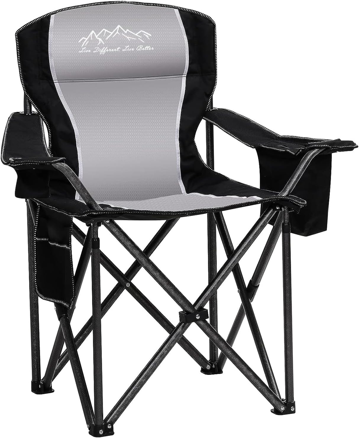 Folding Camping Chair, Heavy Duty Portable Lawn Chairs with Cooler Bag, Side Pocket & Cup Holder, Folding Chairs for Outside Support 450lbs Black