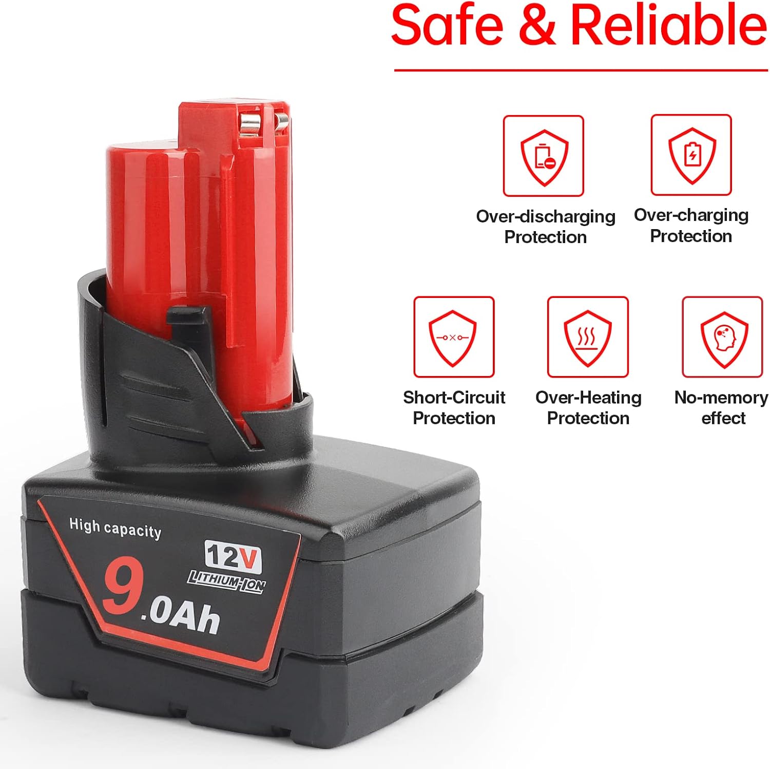 2Pces 12V 9Ah Battery Replacement Compatible for Milwaukee 48-11-0490, 48-11-2402, 48-11-2411, 48-11-2430, Cordless Power Tools & Heated Jackets with LED Indicator（Not Made in Milwaukee） - Image 5