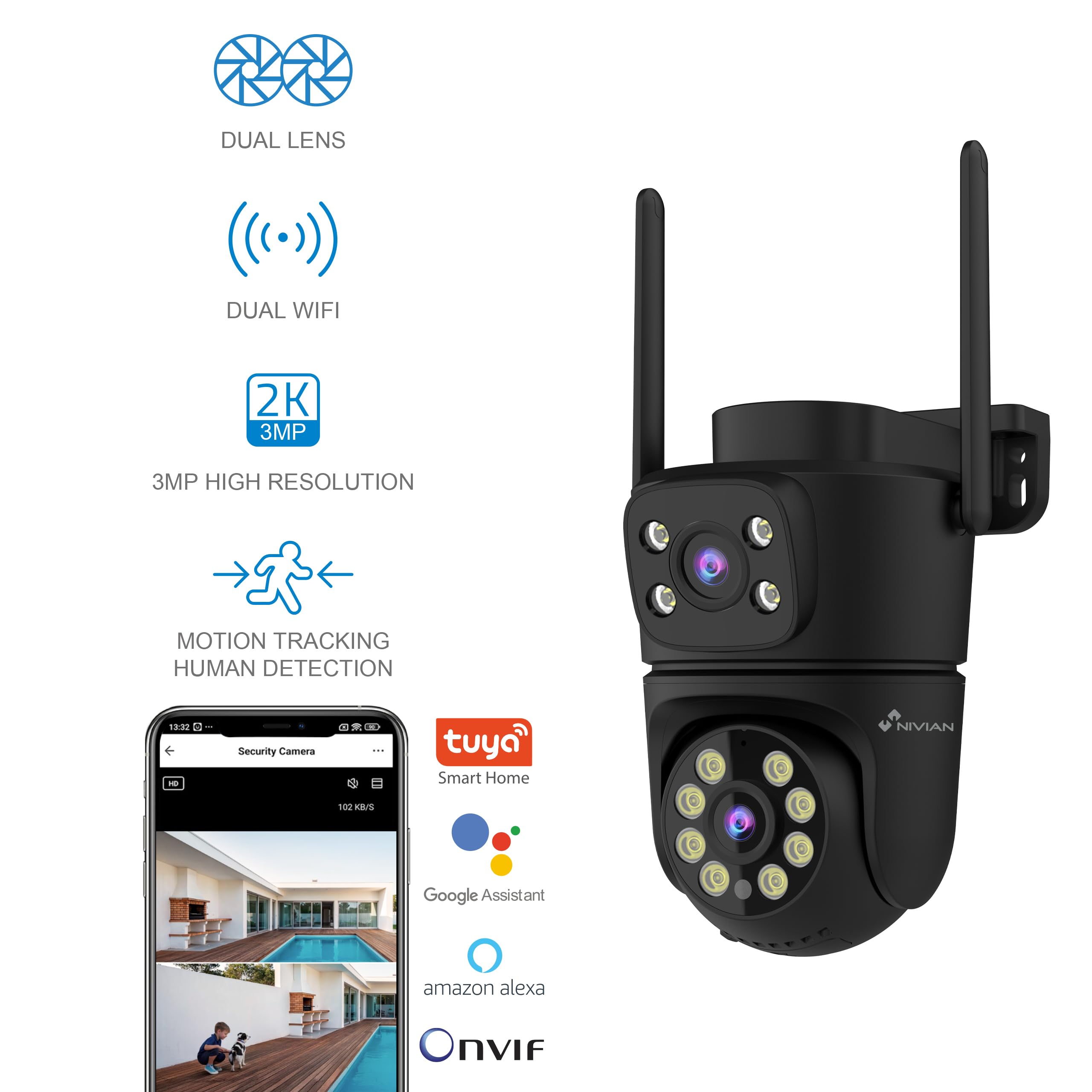 NIVIAN Cámara Vigilancia Exterior WiFi Dual 3MP SuperHD 2K con Doble Lente – Sin Ángulos Muertos, Seguimiento Automático IA, Audio Bidireccional, IP65, Control App Tuya (Negra)