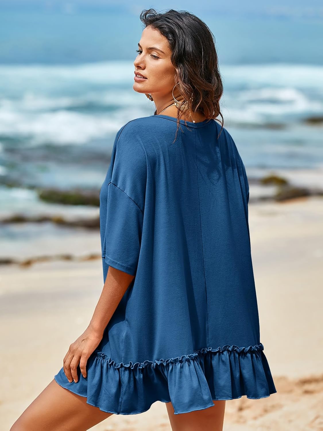 Tankaneo Womens Peplum Oversized Tshirt Summer Flowy Casual Shirt Dress Crew Neck Pleated Babydoll Beach Tunic Tops Navy - Image 6