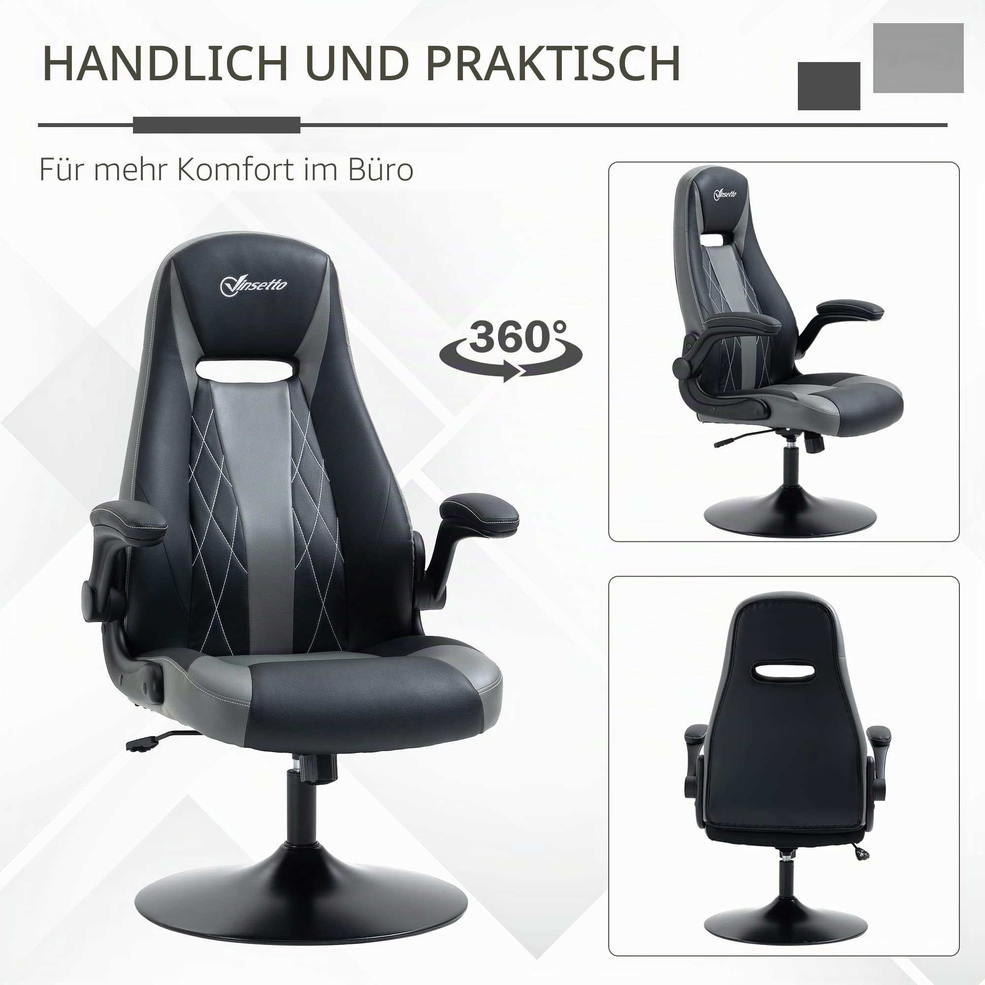 Vinsetto Ergonomischer Gaming-Stuhl mit runder Metallbasis 360° drehbar höhenverstellbar Kopfstütze hochklappbare Armlehnen PVC grau schwarz