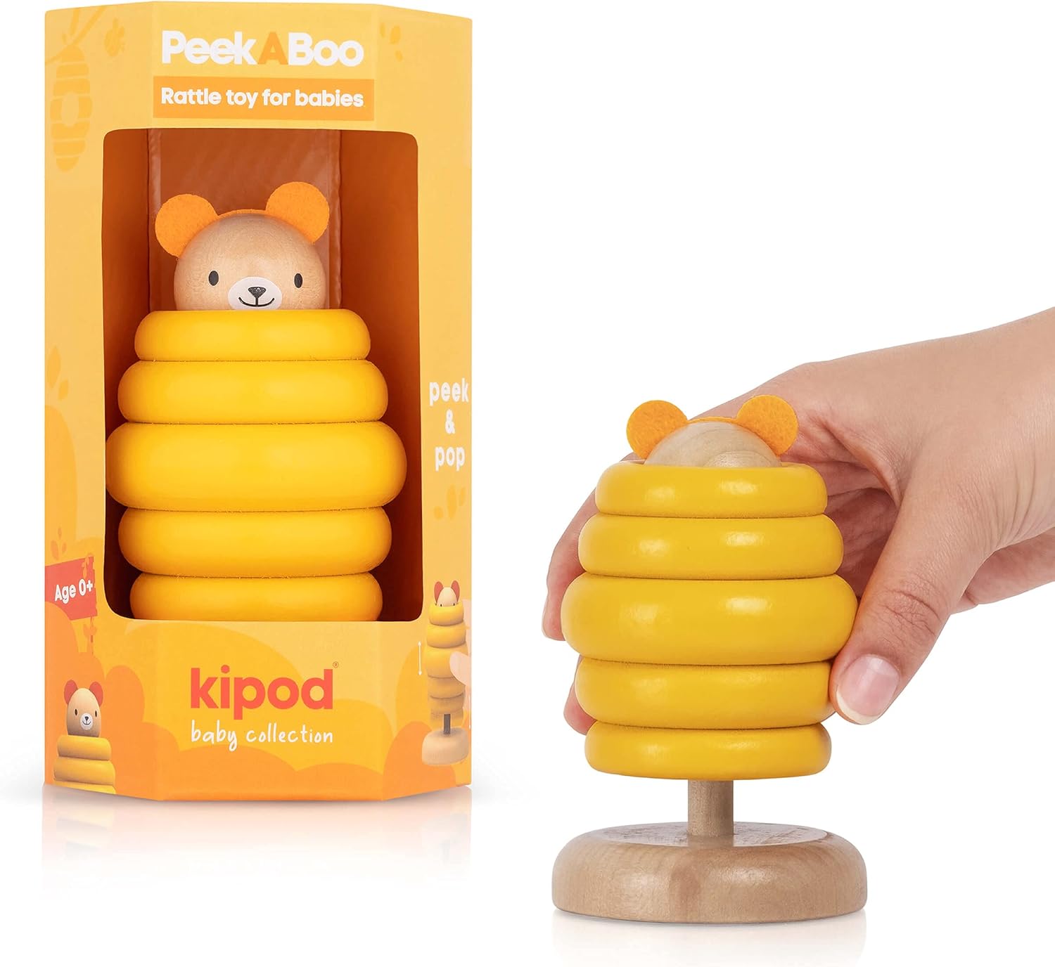 kipod Wooden Rattle – Bear pop up Infant Toys – Natural Safe Materials – Peek A Boo Baby Crawling Toy – Fine Motor Skills, Sound, Movement Stimulation – Smooth Edges - Baby Montessori Toy 0-3 : Toys & Games
