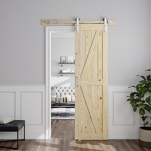 SMARTSTANDARD Puerta corrediza de granero de 24 x 80 pulgadas con kit de herrajes y mango de níquel cepillado de 5 pies, se requiere un montaje