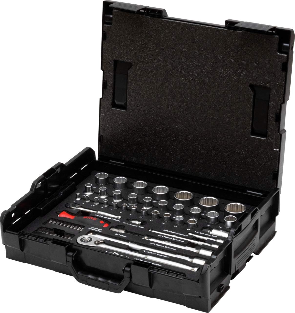 Wiha 333-97 Socket Set Tools 60 pcs Metric 1/4 & 1/2 Drive, Red, (44685)