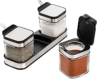 Vista 4 de DEAYOU 3 Pack Glass Seasoning Box with Tray, Clear Condiment Canister with 18/10 Stainless Steel Lid and Spoon, Kitchen Spice Pot with Base, Salt