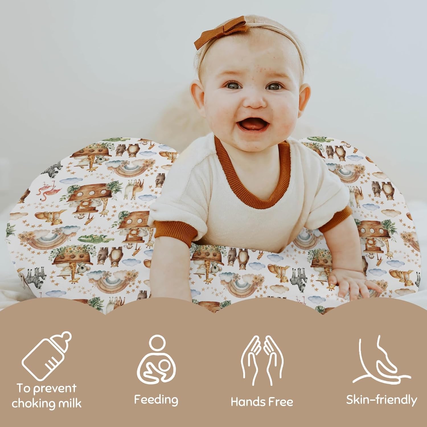 Cute Baby Animals Nursing Pillow Covers Bear Lion Zebra Giraffe Rainbow Ship Stars Soft Stretchy Slipcovers for Breastfeeding Pillows Zoo Safari Ark Animals Pillowcase for Baby Girls Boys Newborn