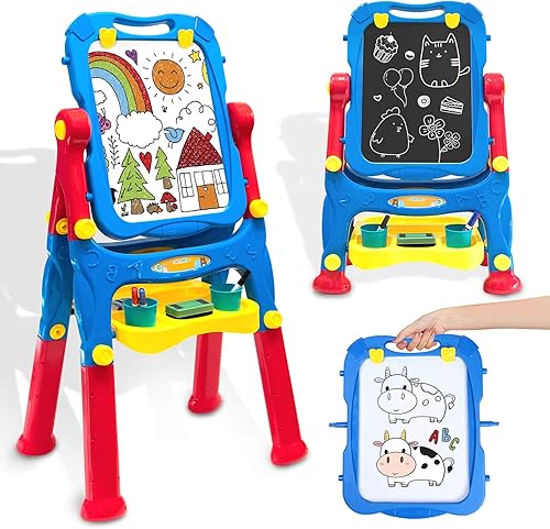 Miniatura 1 de Caballete para niños tabla de borrado en seco de doble cara y pizarra de tiza tabla de dibujo ajustable en altura con accesorios de pintura para