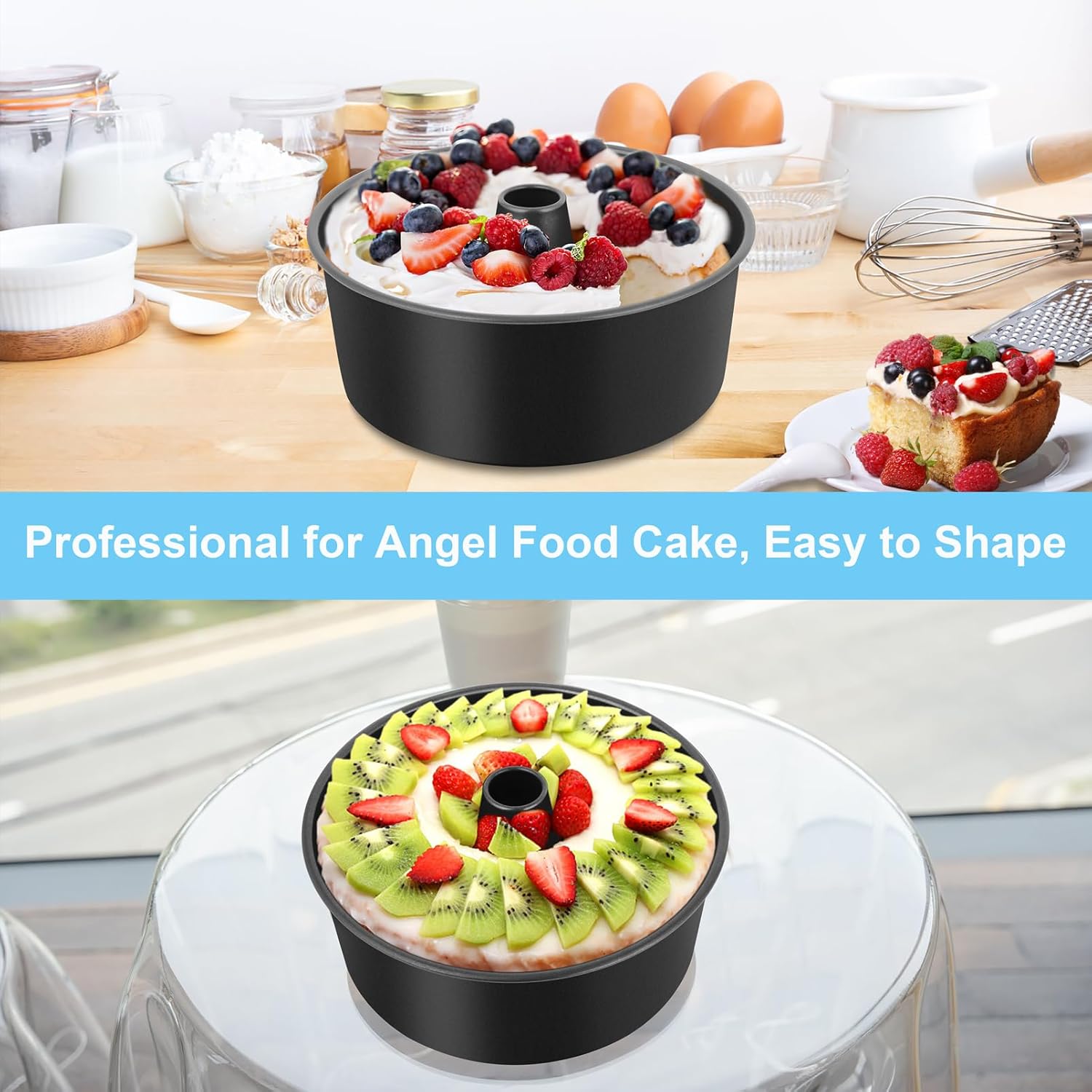 TeamFar 10 Inch Angel Food Cake Pan, Non-Stick Coating Stainless Steel Core Pound Cake Pan with Tube, for Home/Kitchen, Healthy & Heatproof, One-piece & Hollow Design, Release& Clean Easily